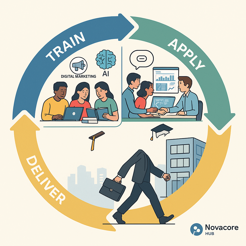 NovaCore Hub cycle: train, apply, deliver